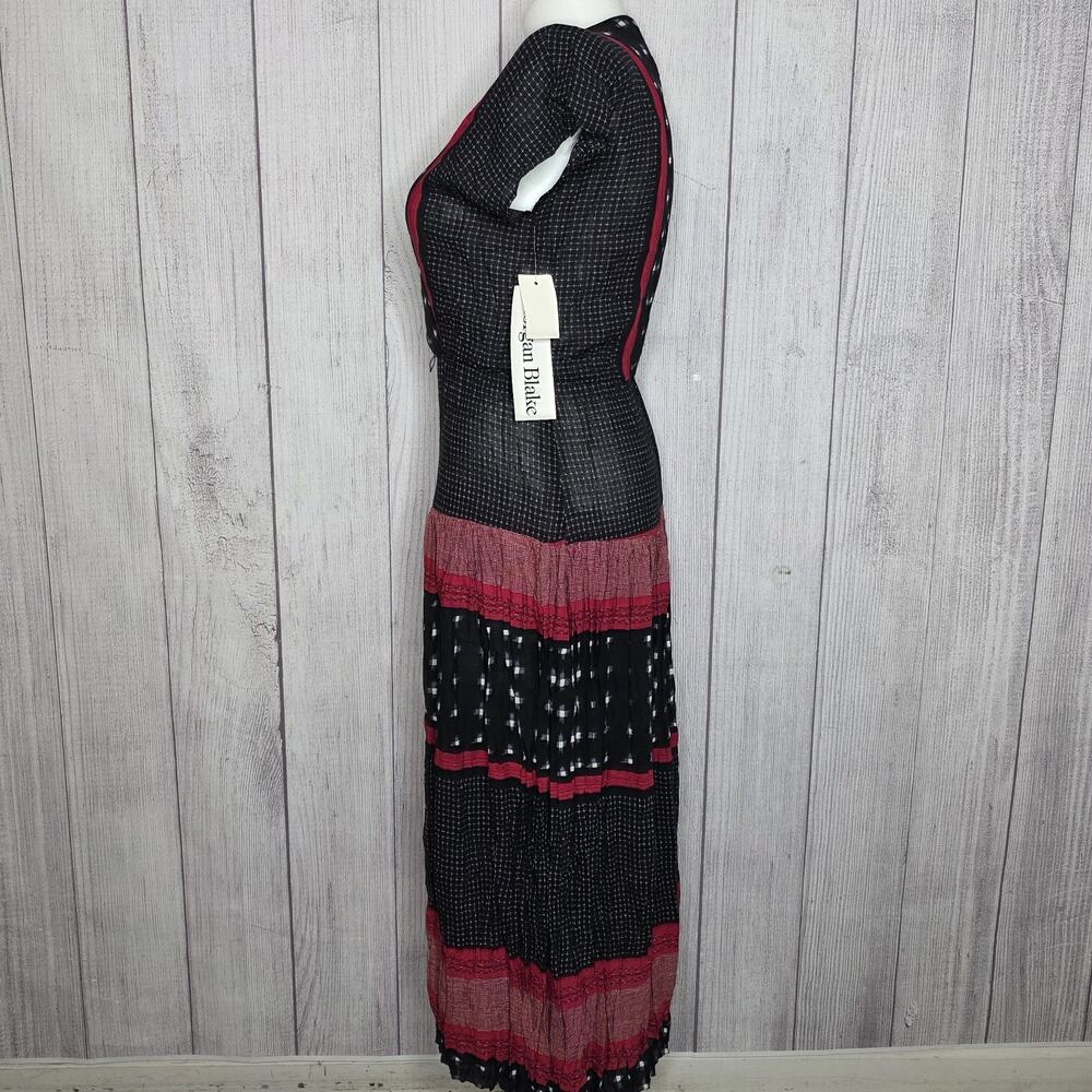 Vintage 80s Prairie Dress Black Red Rayon Tiered Midi Boho Cottagecore, sz 8 - Picture 4 of 7